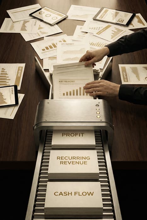 Scattered reports being fed into a single machine that produces profit, recurring revenue and cash flow: chaos turned into a system